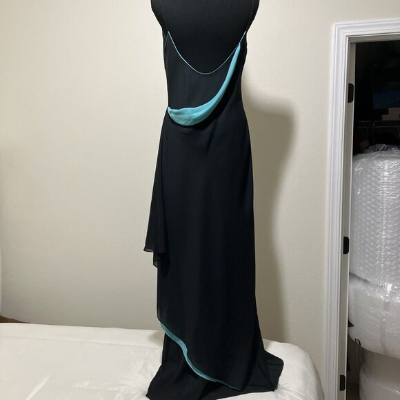 Thea Dora Black Teal Formal Cocktail Evening Prom HoCo Maxi Wrap Dress Sz L Y2K - Picture 3 of 12